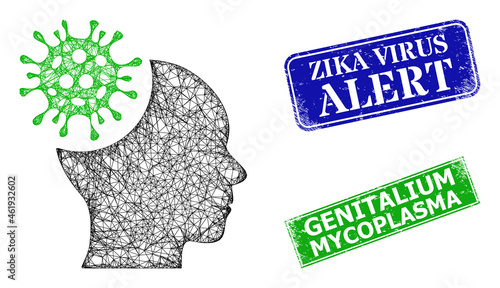 Polygonal brain infection image, and Zika Virus Alert blue and green rectangle corroded stamps. Polygonal carcass image created from brain infection pictogram.