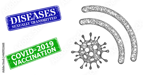 Polygonal virus emanation image, and Diseases Sexually Transmitted blue and green rectangular dirty seal imitations. Polygonal wireframe image designed with virus emanation icon.