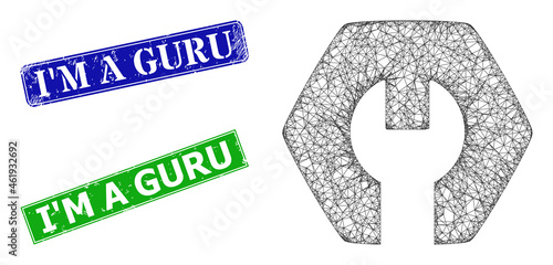 Mesh repair image, and I'M a Guru blue and green rectangular dirty stamp seals. Mesh carcass illustration is designed with repair pictogram. Stamp seals include I'M a Guru text inside rectangle form.