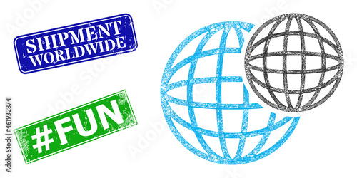 Polygonal spheric balls image, and Shipment Worldwide blue and green rectangular textured seal prints. Polygonal carcass symbol is created from spheric balls pictogram.