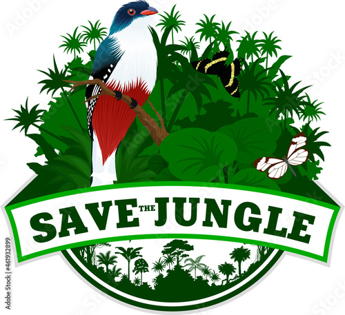 vector jungle rainforest emblem with  Cuban trogon and butterflies