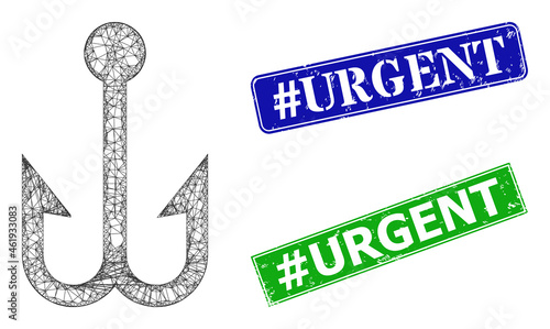 Mesh fishing double hook image, and #Urgent blue and green rectangle corroded seals. Polygonal carcass image created from fishing double hook pictogram.