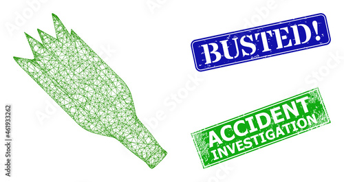 Triangular crashed beer bottle image, and Busted! blue and green rectangular unclean seal prints. Polygonal wireframe image is created from crashed beer bottle icon.