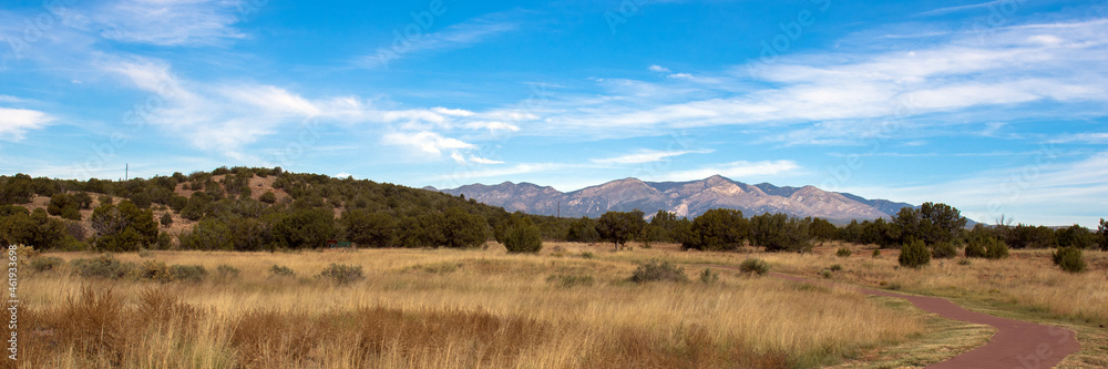 Wide panorama of the Manzano Mountains from Abo Mission at Salinas Pueblo Missions National Monument in New Mexico