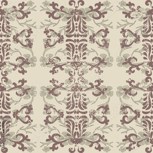 Antique shabby baroque pattern. Vintage seamless pattern in Victorian style. Shabby old background.  Decorative grunge texture. For fabric, wallpaper, venetian pattern,textile, packaging.