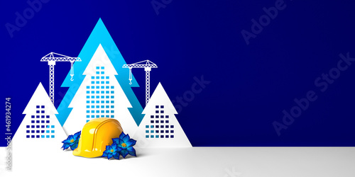 A protective helmet among poinsettia flowers on the background of abstract Christmas tree shaped buildings.
3D render Christmas template for construction, building, engineering or real estate company. photo