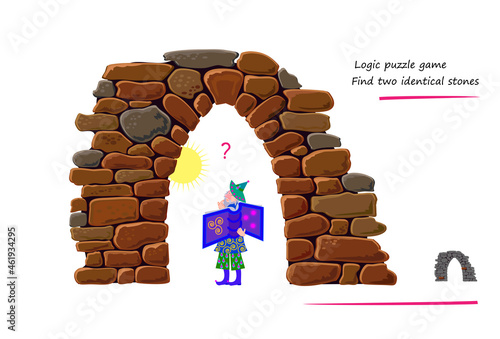 Logic puzzle game for children and adults. Find two identical stones. Memory exercises for seniors. Page for kids brain teaser book. Developing spatial thinking. IQ test. Play online. Vector image.