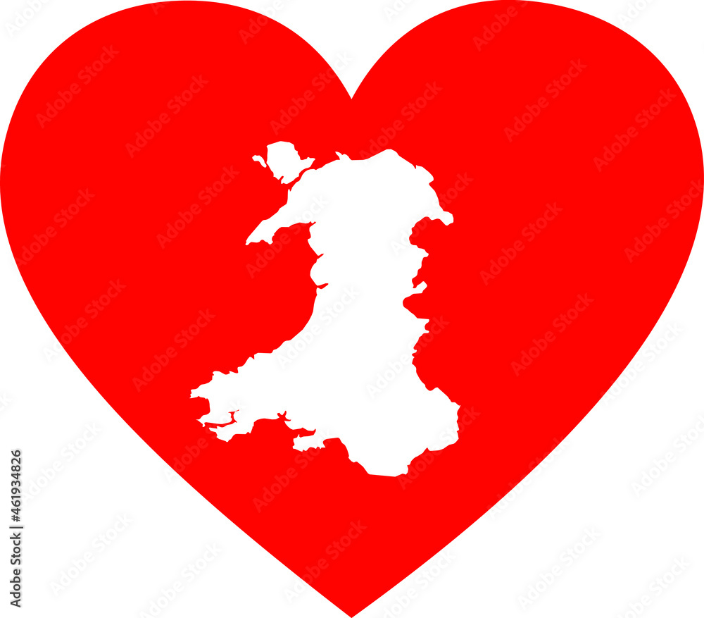 Fototapeta premium White map of Wales inside red heart shape