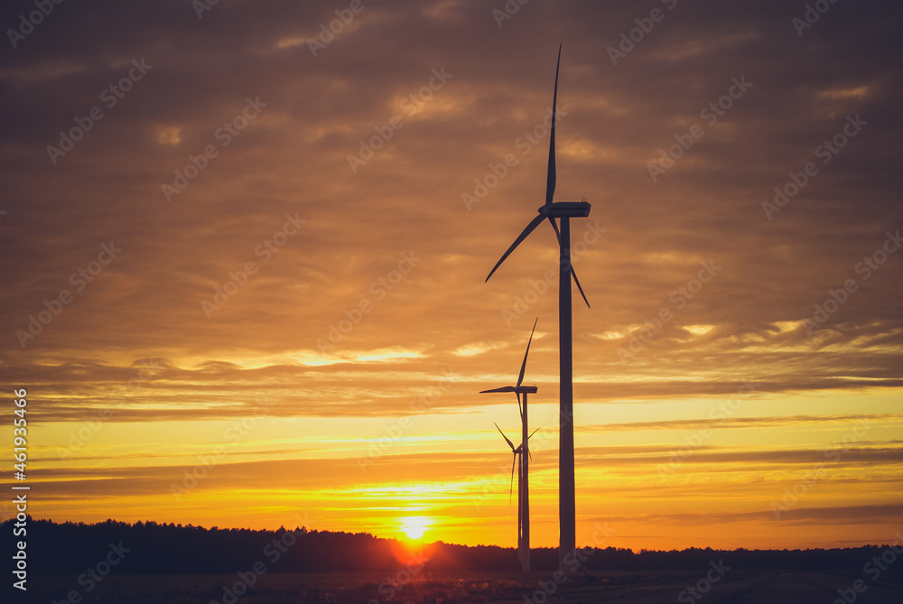 Fototapeta premium Electric wind turbines farm sunset