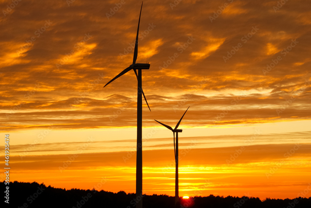 Obraz premium Electric wind turbines farm sunset