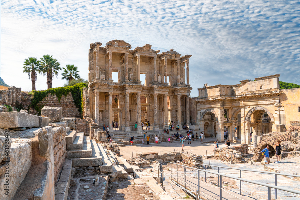 Efes, Izmir, Turkey - August 23, 2021: Ruins of Celsius Library in ancient city Ephesus.