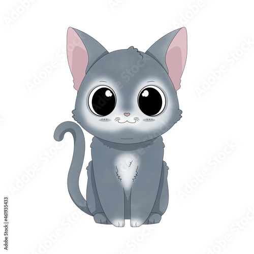 Ręcznie rysowany uroczy mały szary kotek. Ilustracja zadowolonego, siedzącego kota. Słodki, zabawny zwierzak. Obrazki dla dzieci.