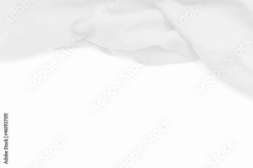 White cloth textured background, top view with copy space. White linen looks luxurious.