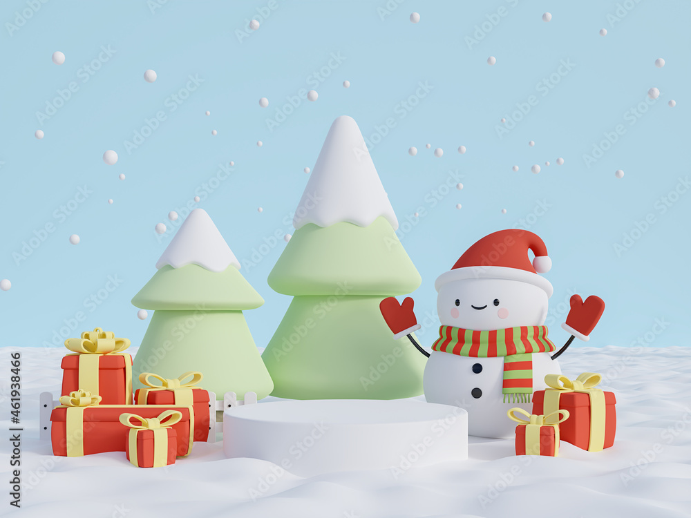 White cylinder podium on snow ground with christmas concept background 3d render illustration