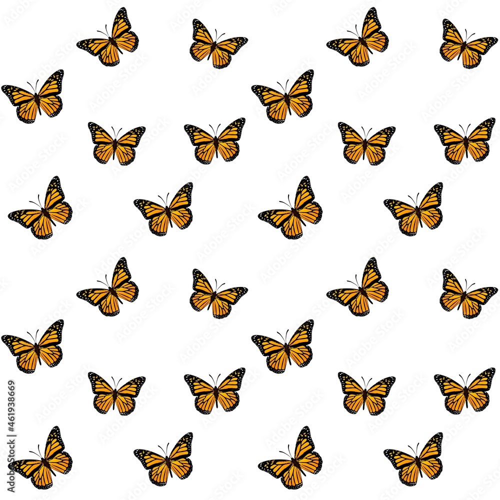 Fototapeta premium Seamless monarch butterfly background pattern on white