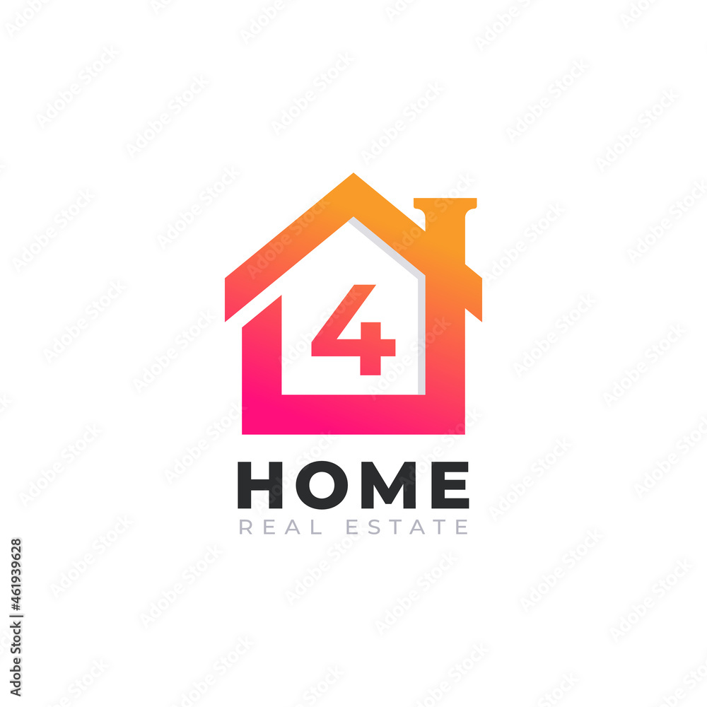 Initial Number 4 Home House Logo Design. Real Estate Logo Concept. Vector Illustration