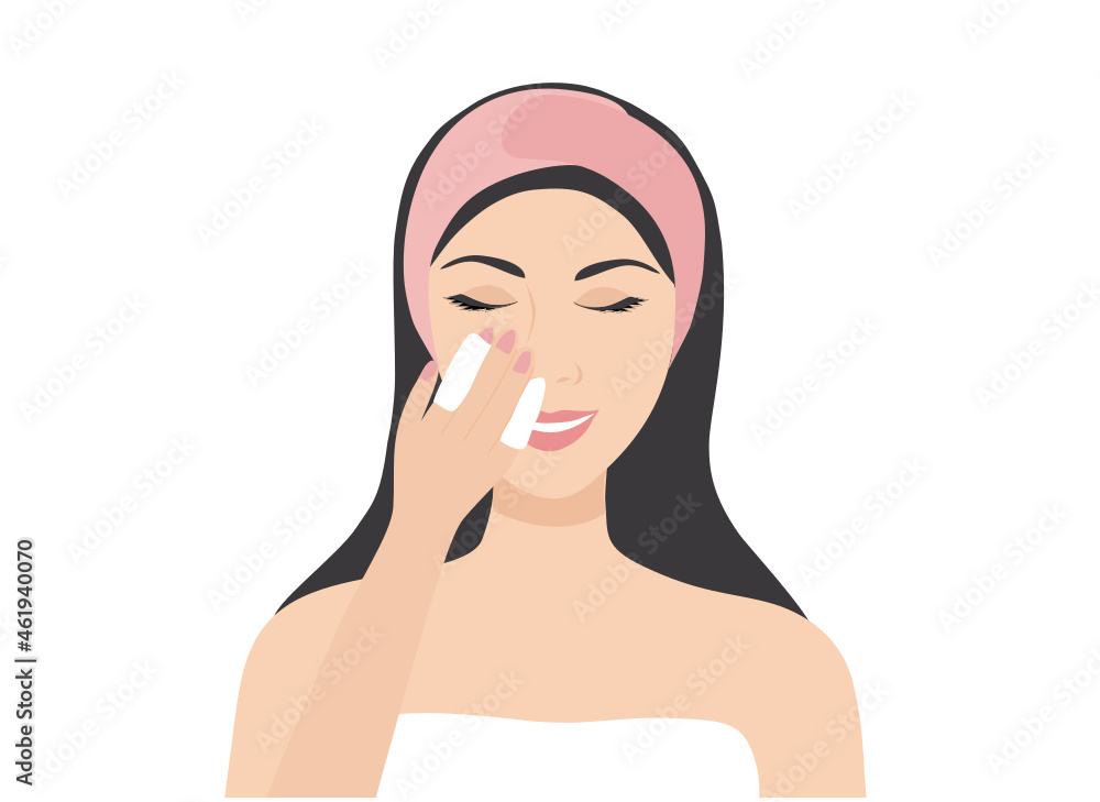 Beautiful woman cleansing with cotton bud makeup removal vector illustration Beautiful woman cleansing with cotton bud makeup removal vector illustration