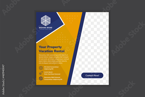 Real Estate Social Media Post Template, Editable Post Template Social Media Banners. The banner headline is your property, vacation rental. Space for photo with purple element and gold background.