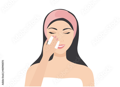Beautiful woman cleansing with cotton bud makeup removal vector illustration