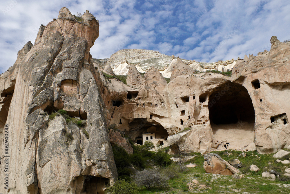 Rock-hewn dwellings in Zelve Valley, Cappadocia, Turkey