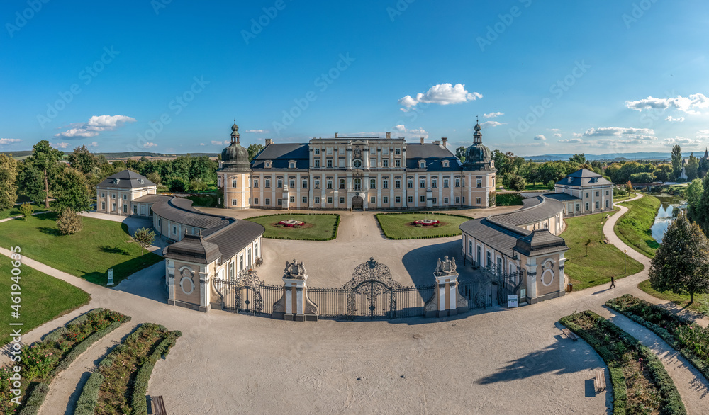 Aerial view of L'Huillier-Coburg Palace in Edelény is the seventh largest palace in Hungary. Prominent example of early Baroque architecture with garden Aerial view of L'Huillier-Coburg Palace in Edelény is the seventh largest palace in Hungary. Prominent example of early Baroque architecture with garden