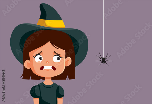 Scared Halloween Girl Looking at Spider Vector Cartoon