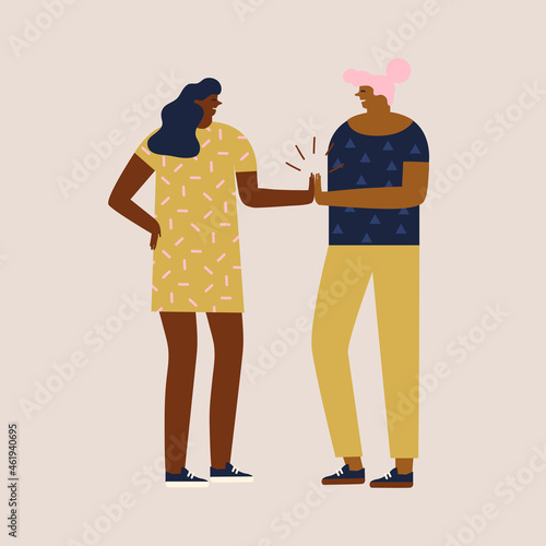 Two women get a success or agreement in business, give five to each other and celebrate. Connection and solidarity illustration in vector. Vector illustration