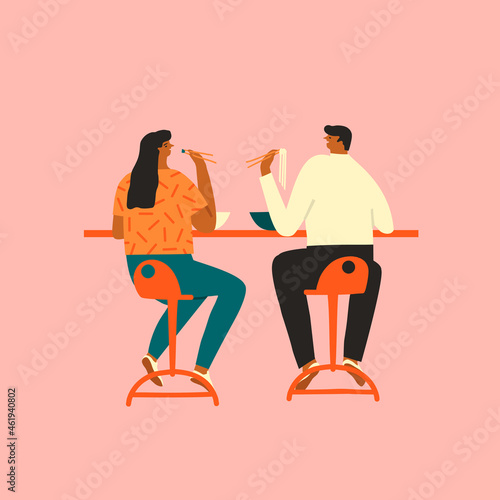Men and women eat ramen and sushi together on date illustration in vector. People have lunch in asian restaurant. Vector illustration