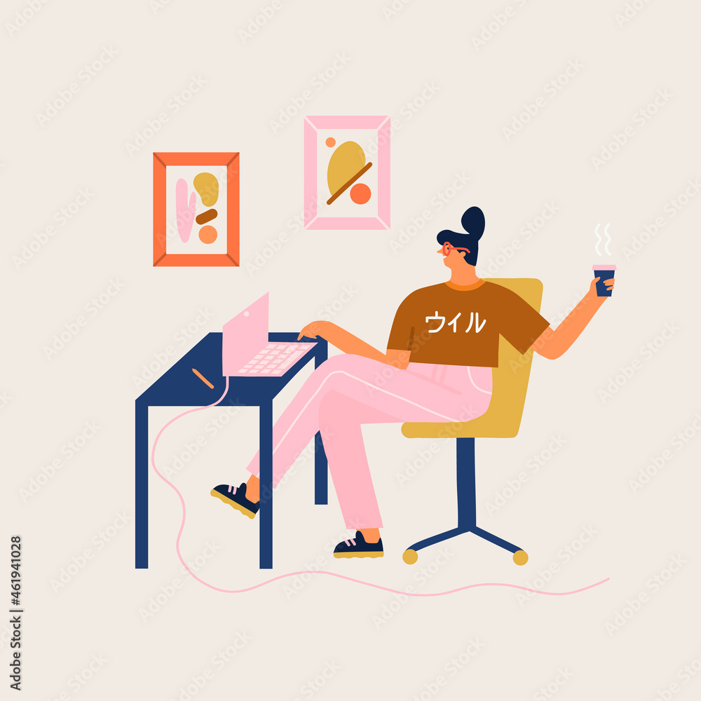 Women sitting at a desk working online on a laptop at home or modern office and drinking cup of coffee. . Vector illustration