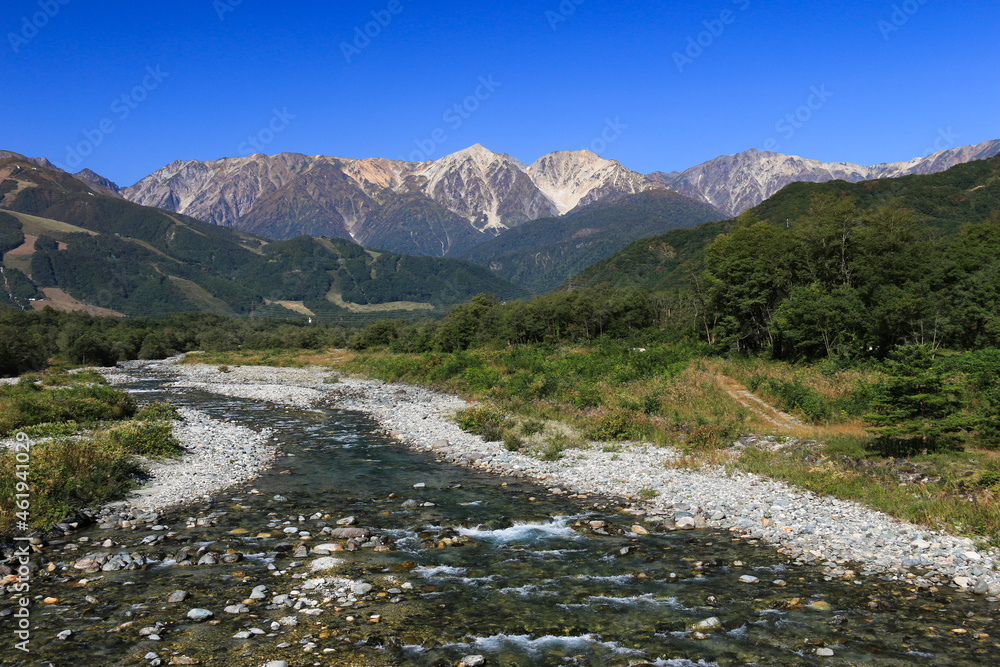 長野白馬村　松川橋からの北アルプス　白馬三山、唐松岳八方尾根の絶景