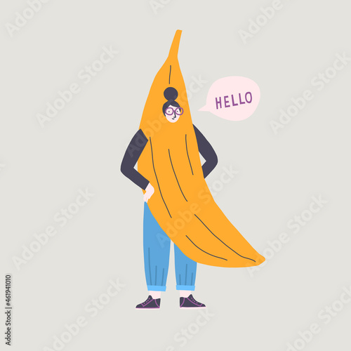 Banana costume girl say hello funny illustration in vector. Halloween card or poster. . Vector illustration