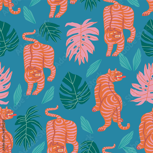 Tropical floral and tigers pattern in vector. Monstera, palm leaves and leopards in the jungle design. Vector illustration