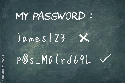 Weak and strong password suggestions for online security protection. Blackboard background, conceptual. 