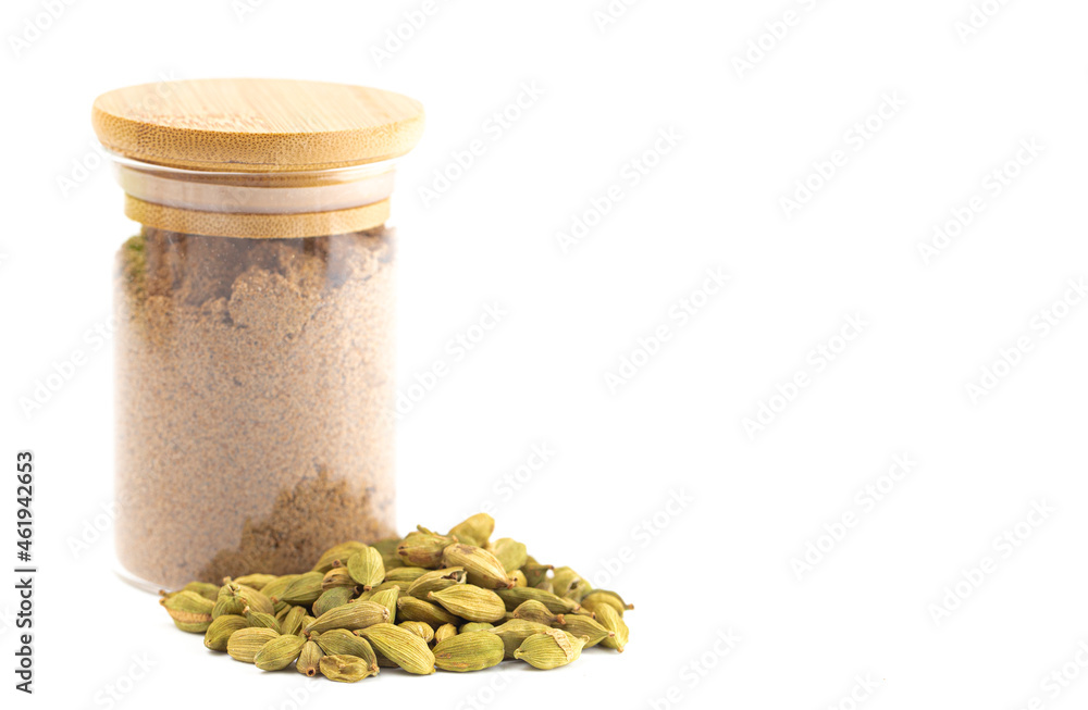 Glass Jars with Cardamom Powder and Pods Glass Jars with Cardamom Powder and Pods