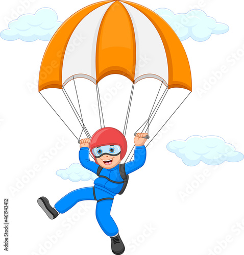 cartoon happy boy skydiving on white background