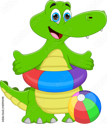 cartoon cute crocodile with the inflatable ball and inflatable swimming ring