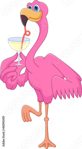 cartoon cute flamingo drinking on white background