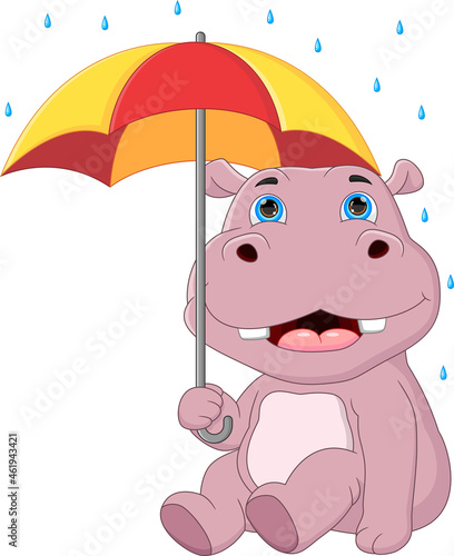 cartoon hippo shelter with umbrella in the rain