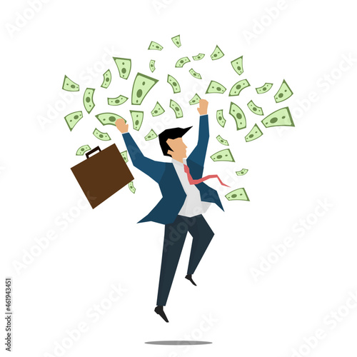 Vector of a working business man employee wearing a suit with a briefcase throwing money and celebrating