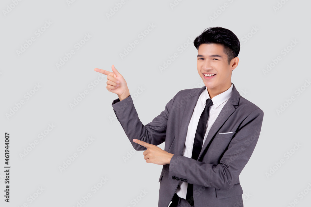 Portrait young asian business man pointing and presenting isolated on white background, advertising and marketing, executive and manager, male confident showing success, expression and emotion. Portrait young asian business man pointing and presenting isolated on white background, advertising and marketing, executive and manager, male confident showing success, expression and emotion.