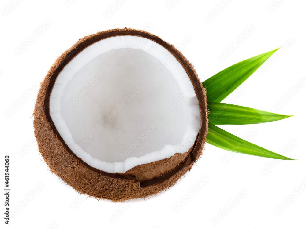 Coconut half isolated. Cocos white. Coconut with pandan leaves isolate on white background Coconut half isolated. Cocos white. Coconut with pandan leaves isolate on white background