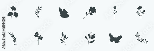 floral set of silhouettes of plants and flowers