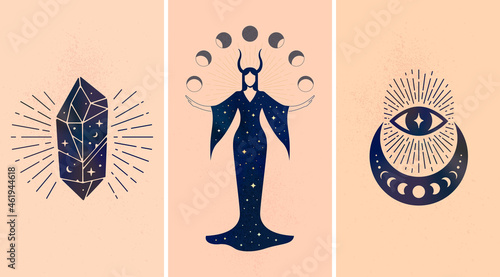 Fotografie, Tablou Set of black mystic ornaments depicted on beige background as symbols of magic and astrology