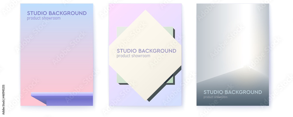 Set of posters with studio backgrounds. Studio for product display with copy space. Vector illustration.