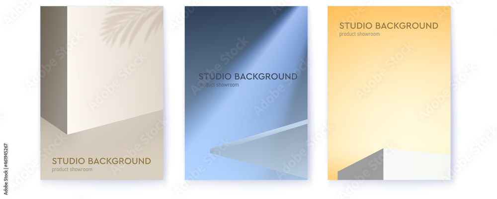 Set of covers with studio backgrounds. Shadow, ray of light and minimal design. Studio for product display with copy space.