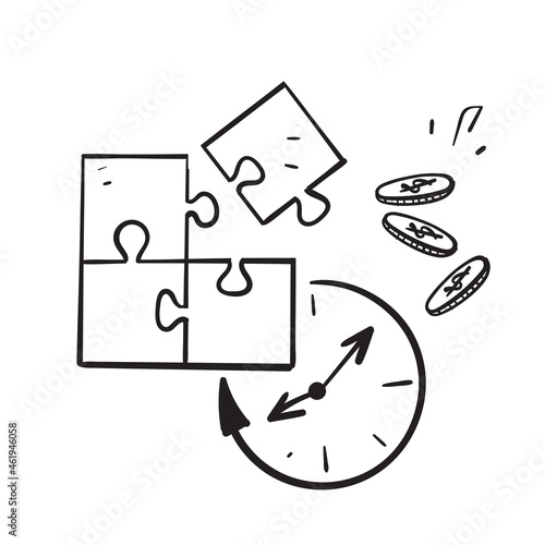 hand drawn doodle jigsaw puzzle clock and money symbol for project business deadline countdown illustration