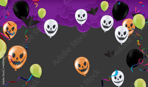Happy Halloween banner trick party balloons, ghost, bats, Party invitation background Vector illustration