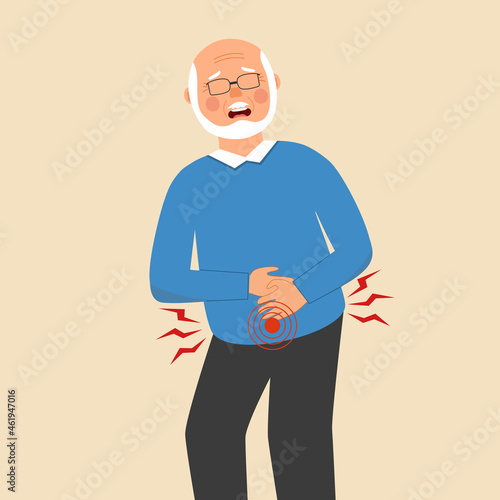 Senior man feel pain in stomach vector illustration. Stomach acid reflux disease and digestive system problem. Heartburn concept.