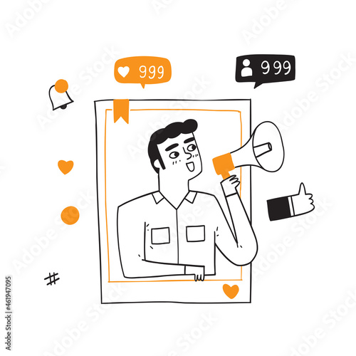 Social Media Networking Concept. Man with Megaphone