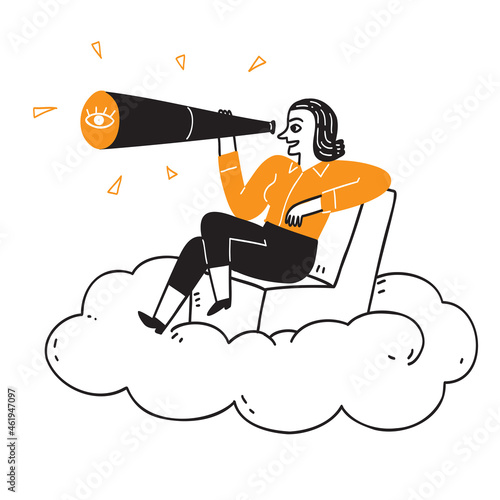 Businesses marketing concept, The pretty girl sitting on the clouds using a telescope